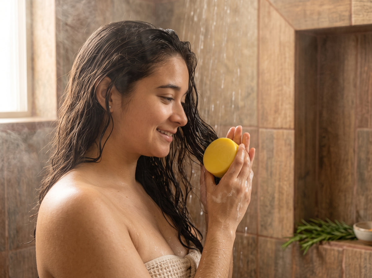 Mujer de cabello largo y mojado, sonriendo en la ducha, con una barra de acondicionador sólido de romero y cúrcuma en la mano