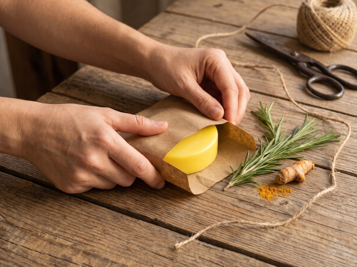 Manos envolviendo una barra de acondicionador sólido de romero y cúrcuma en papel kraft sobre una mesa de madera, con una rama de romero, raíz y polvo de cúrcuma e hilo de yute
