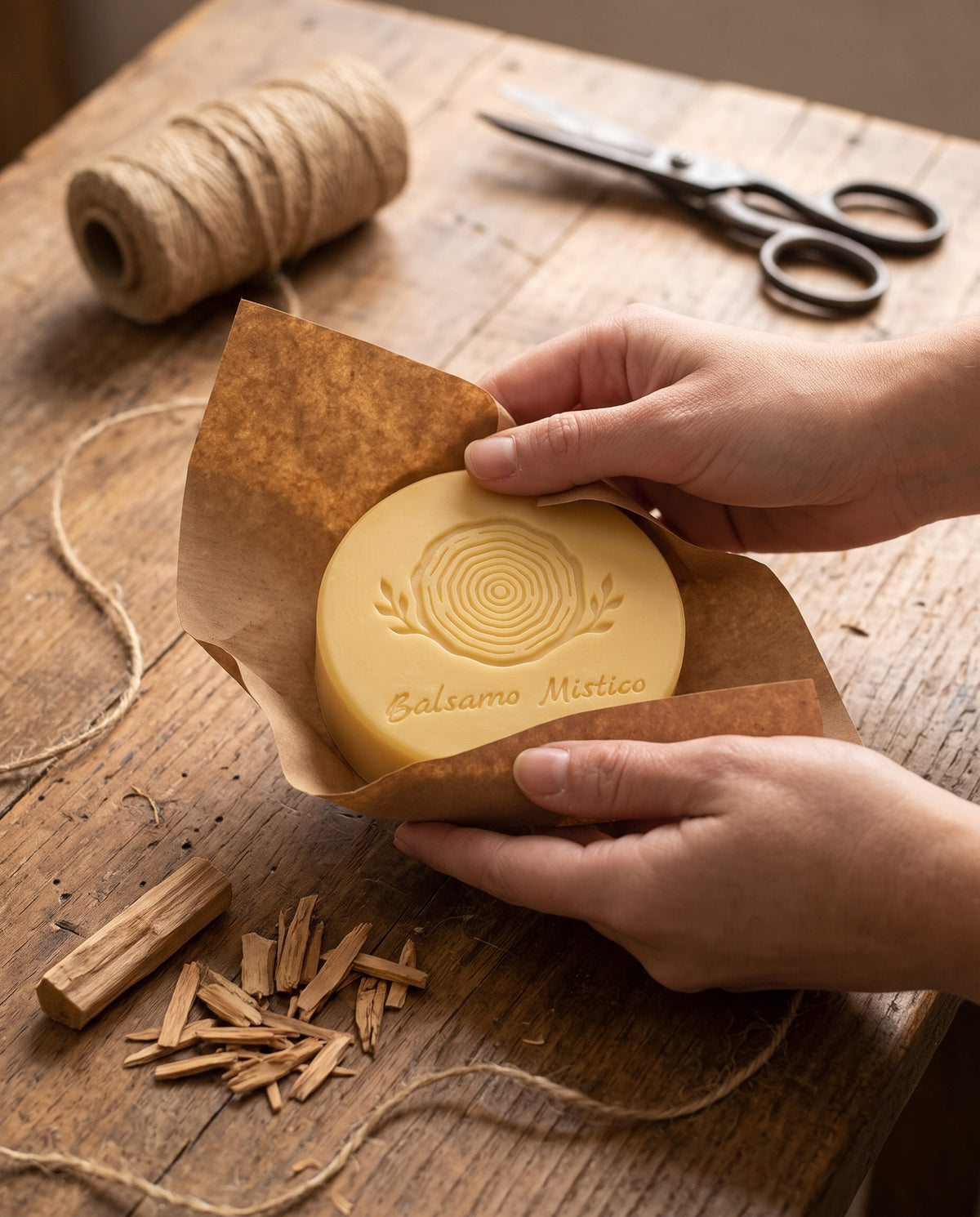 Manos envolviendo un jabón artesanal de sándalo en papel kraft sobre una mesa de madera, con hilo de yute, tijeras y astillas de sándalo