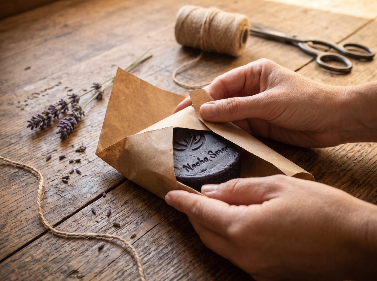Manos envolviendo un jabón artesanal de lavanda en papel kraft sobre una mesa de madera, con hilo de yute, tijeras y ramitas de lavanda