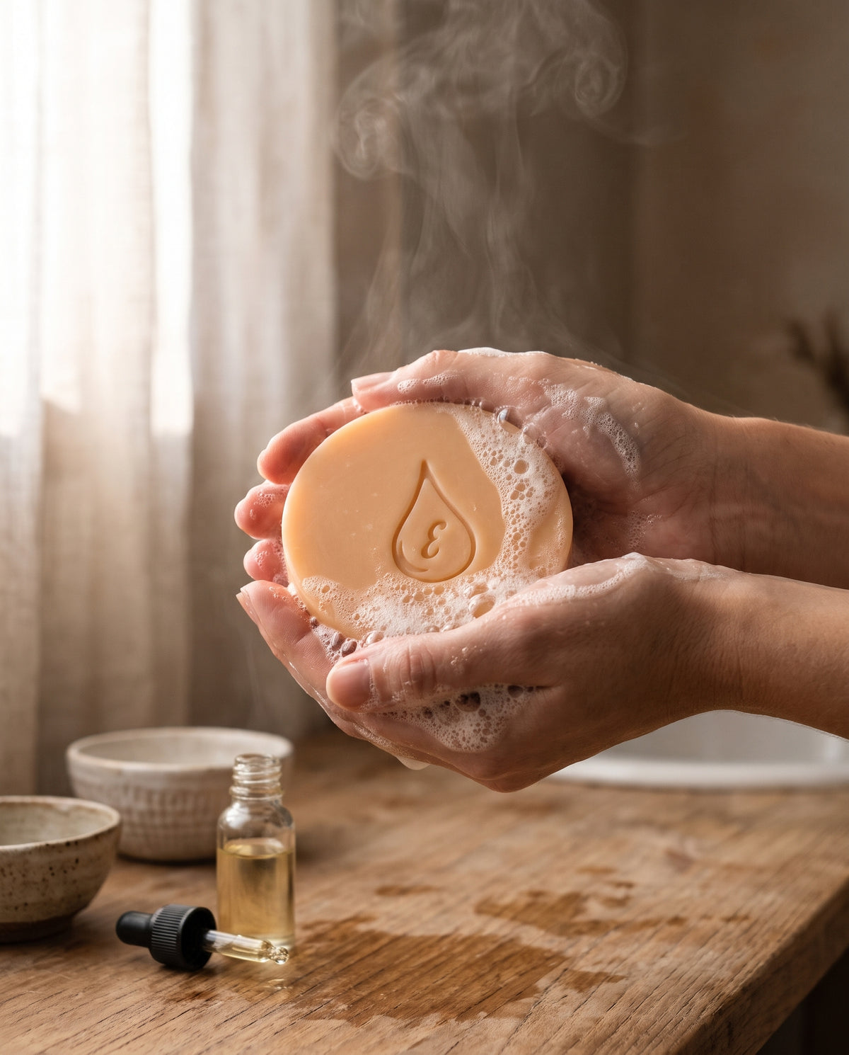 Manos haciendo espuma con un jabón artesanal de Vitamina E frente a una ventana con luz suave y vapor, junto a un frasco con gotero de aceite