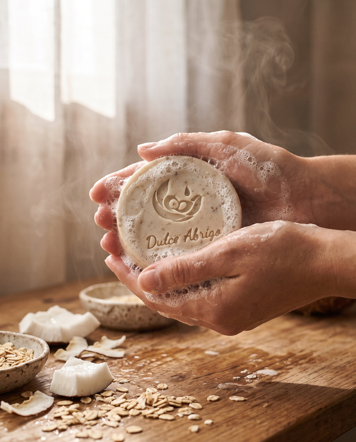 Manos haciendo espuma con un jabón artesanal de avena y coco frente a una ventana con luz suave y vapor