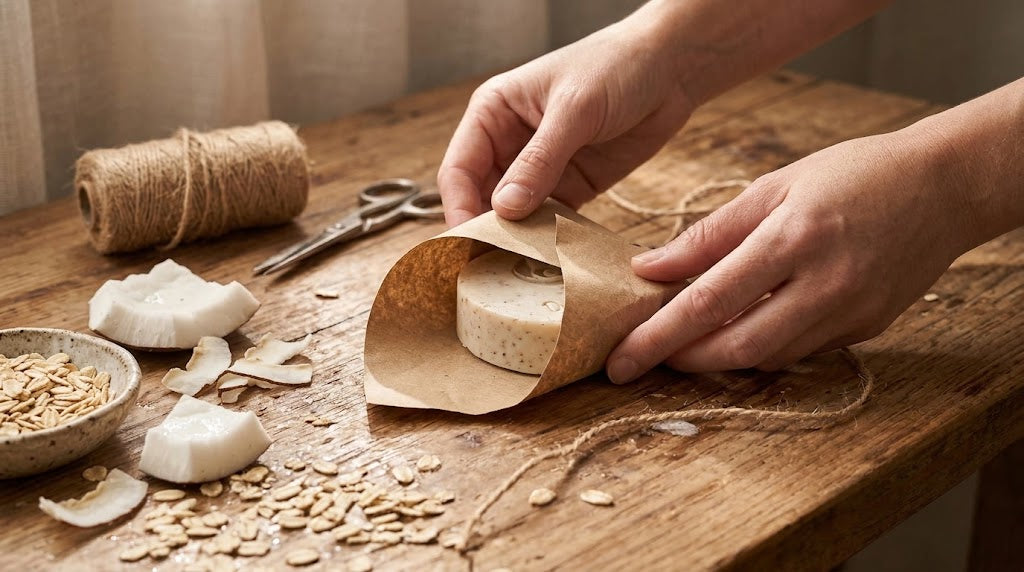 Manos envolviendo un jabón artesanal de avena y coco en papel kraft sobre una mesa de madera, con copos de avena y coco