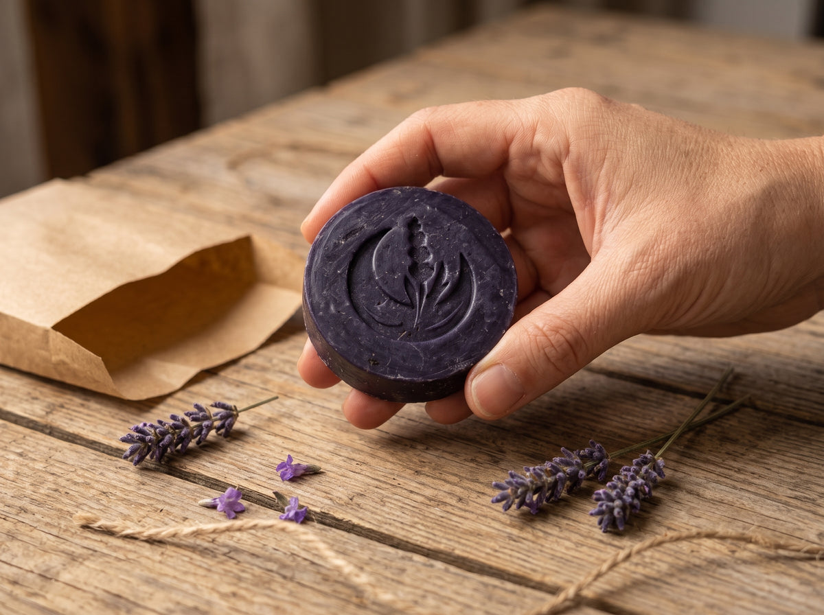 Mano sosteniendo la barra pequeña de 50 g del jabón artesanal de lavanda, con el sello de luna y lavanda, junto a un papel kraft y ramitas de lavanda