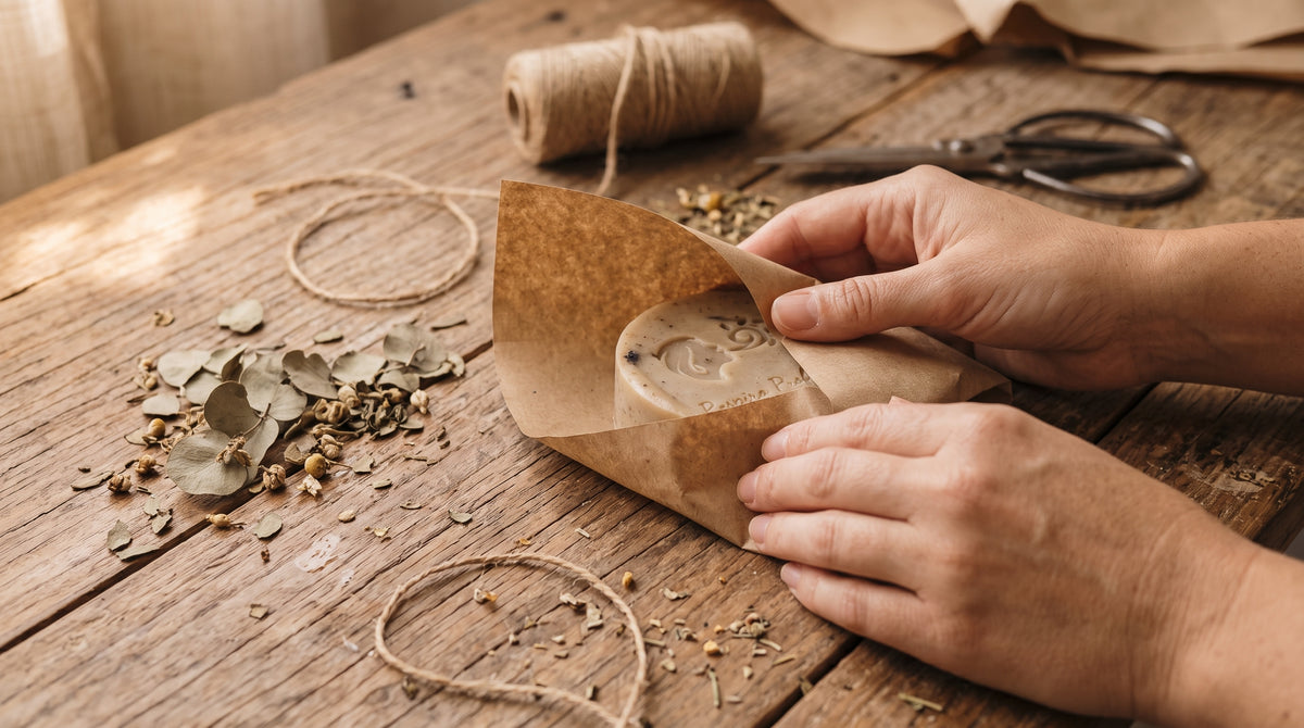Manos envolviendo un jabón artesanal de eucalipto en papel kraft sobre una mesa de madera, con hojas y flores secas de eucalipto e hilo de yute