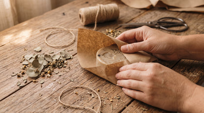Manos envolviendo un jabón artesanal de eucalipto en papel kraft sobre una mesa de madera, con hojas y flores secas de eucalipto e hilo de yute