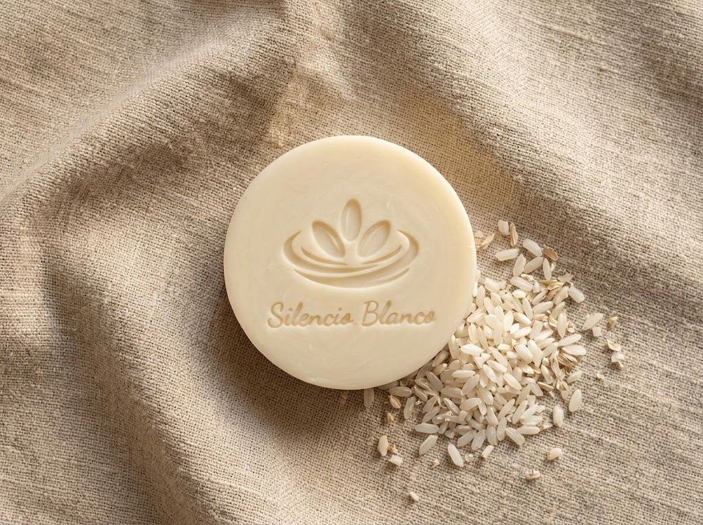 Jabón artesanal de arroz Silencio Blanco sobre lino, con granos de arroz a un lado