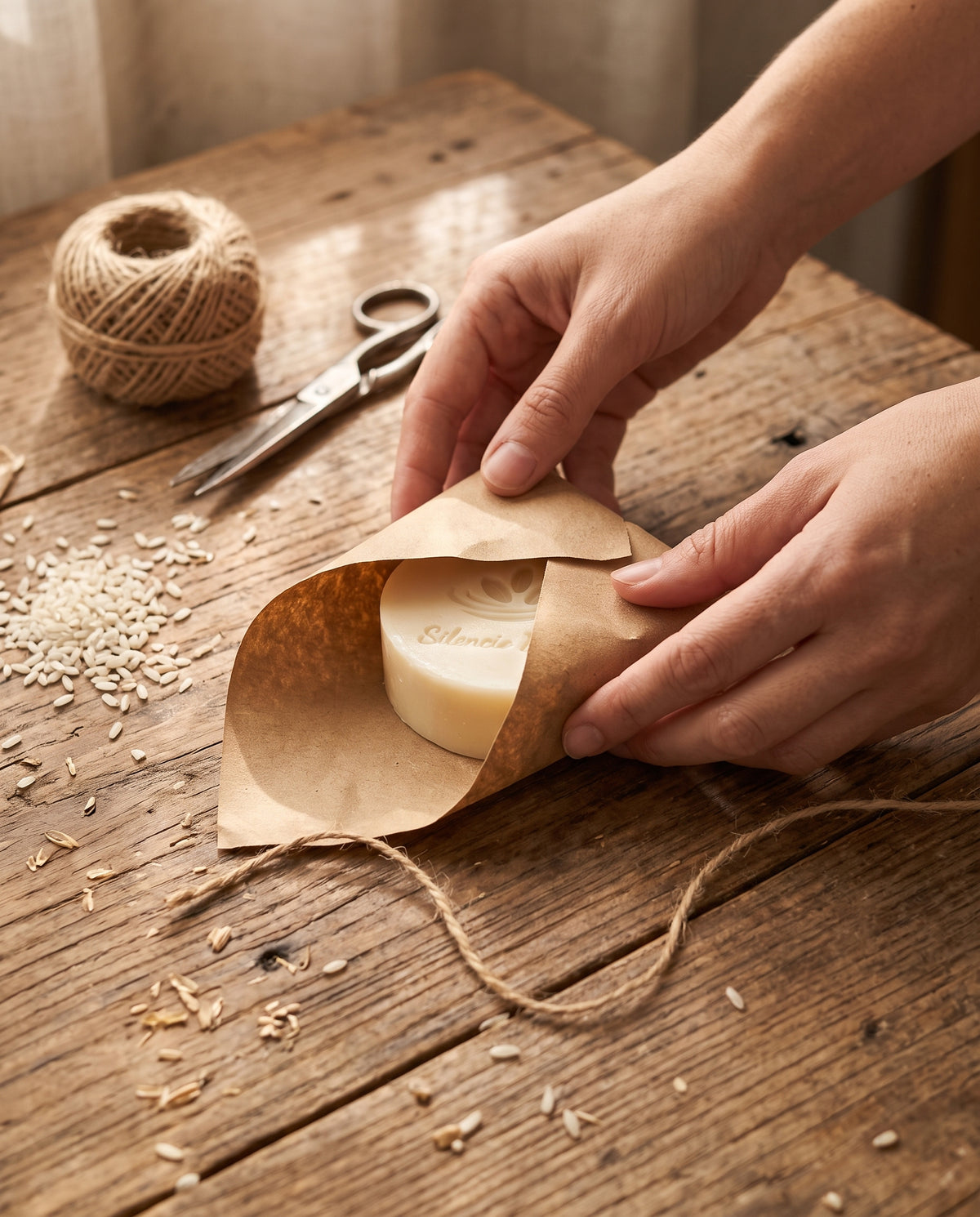 Manos envolviendo un jabón artesanal de arroz en papel kraft sobre una mesa de madera, con arroz e hilo de yute
